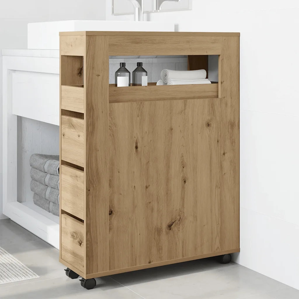 Mobile da Bagno Stretto con Ruote Rovere Artigianale Truciolato 855276
