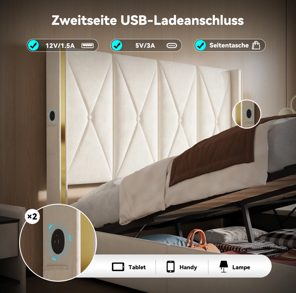 Letto contenitore 160x200 cm beige in velluto con LED e USB
