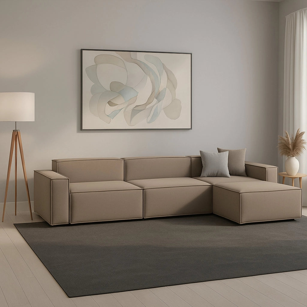 Divano fisso Asvaldo, Divano componibile a 4 posti con penisola destra, Made in Italy, SofÒ  moderno in tessuto, Cm 340x170h70, Tortora