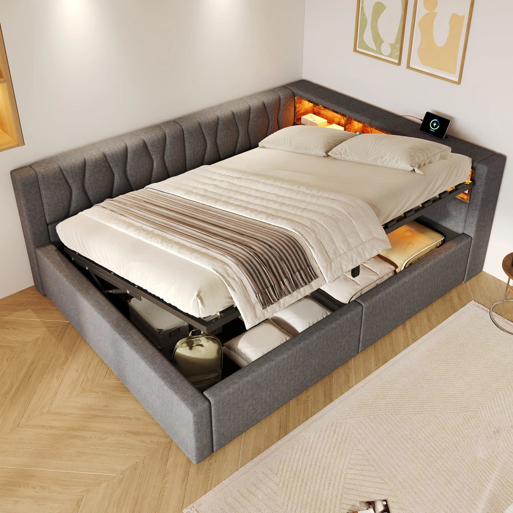 Letto contenitore 140x200 cm con sollevamento idraulico; LED dimmerabile; testiera con ripiano e USB; grigio