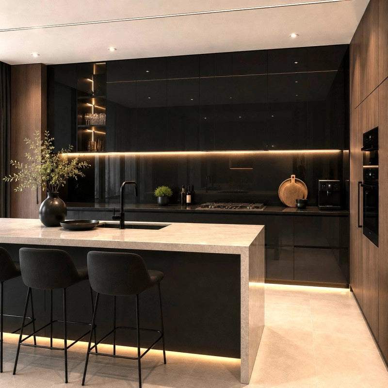 Pannelli decorativi parete effetto specchio nero fumé, rivestimento murale PVC UV lucido 120x60 set 6 pezzi - Divina Home