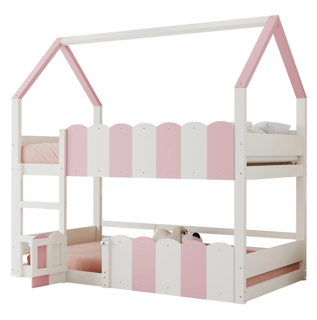 Letto a castello ULEVR 90x200 cm a forma di casa con scala e sponde di sicurezza, rosa e bianco