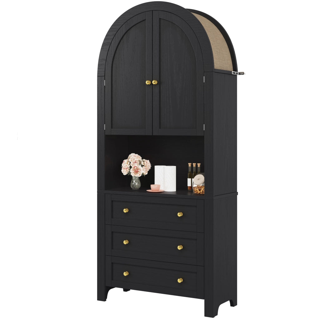 Credenza alta 70x35x180 cm con 3 cassetti; vano aperto e dettagli in metallo in MDF nera