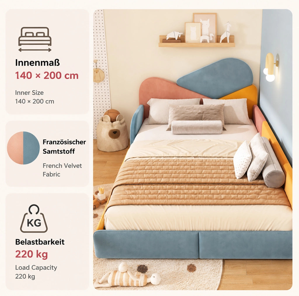 Letto imbottito per bambini 140x200 cm, patchwork multicolore