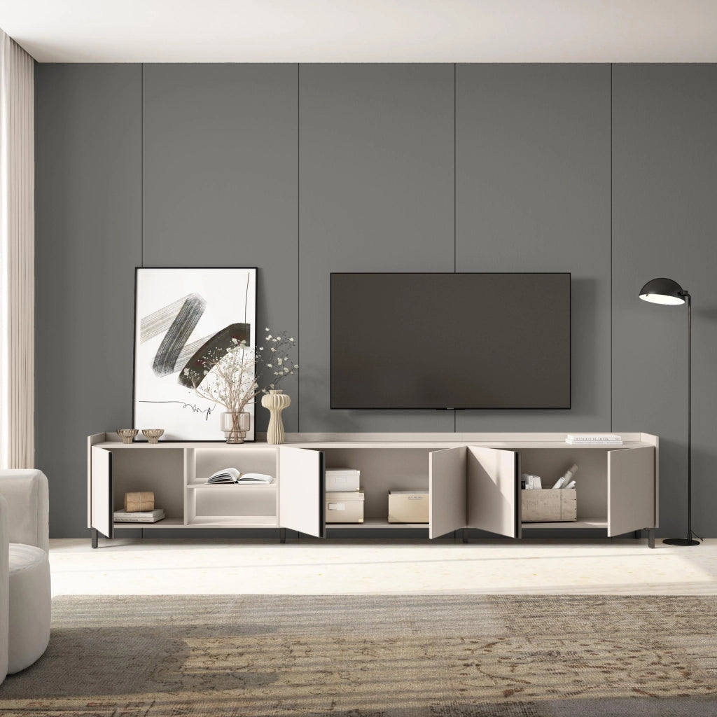 Mobile TV Soggiorno, 309x61x35 cm, Per TV fino a 80", Design industriale, LED, Beige