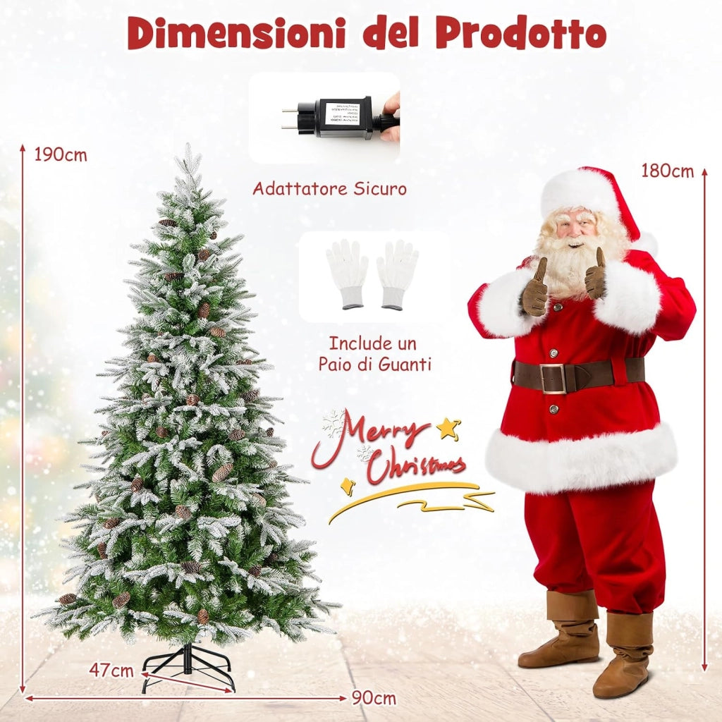 Albero di Natale Artificiale Pre-Luminoso 190 CM, Albero di Natale Innevato con 280 Luci LED Bianche Calde, 765 Punte, 62 Pigne e Base Metallica (190 CM)
