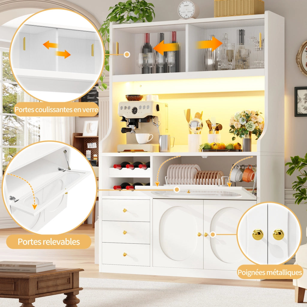 Credenza alta da cucina LED con 2 ante scorrevoli in vetro; 3 cassetti e ripiani regolabili; bianco; 120 × 40 × 180 cm