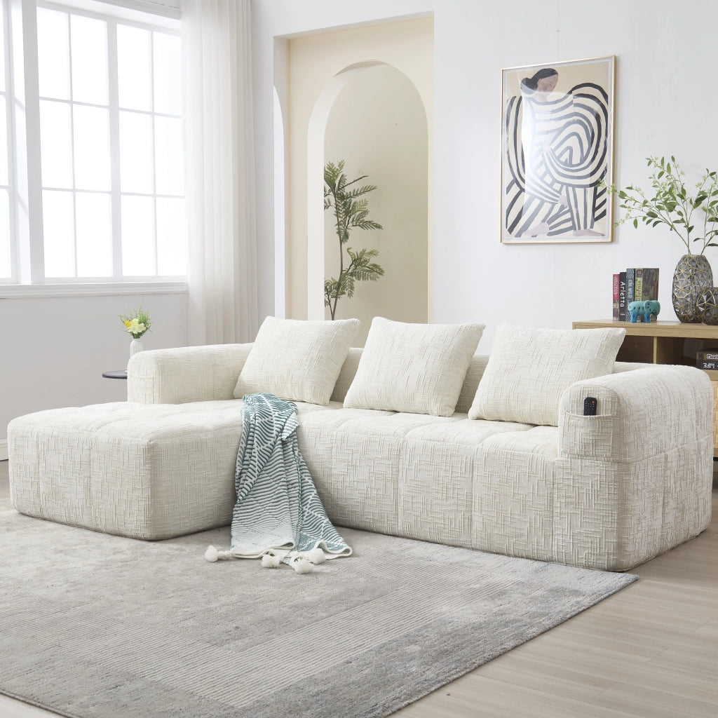 Divano Modulare 3 Posti con Chaise Longue, Tasche laterali e 3 Cuscini, in Ciniglia Beige
