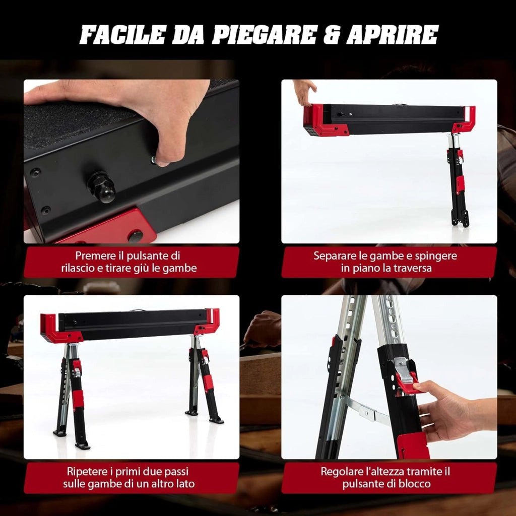 Set di 2 Cavalletti da Lavoro Pieghevoli, Cavalletto per Segare la Legna Regolabile in 9 Livelli, Cavalletto per Uso Interno ed Esterno, Carico Fino a 1180 kg (Modello 3)