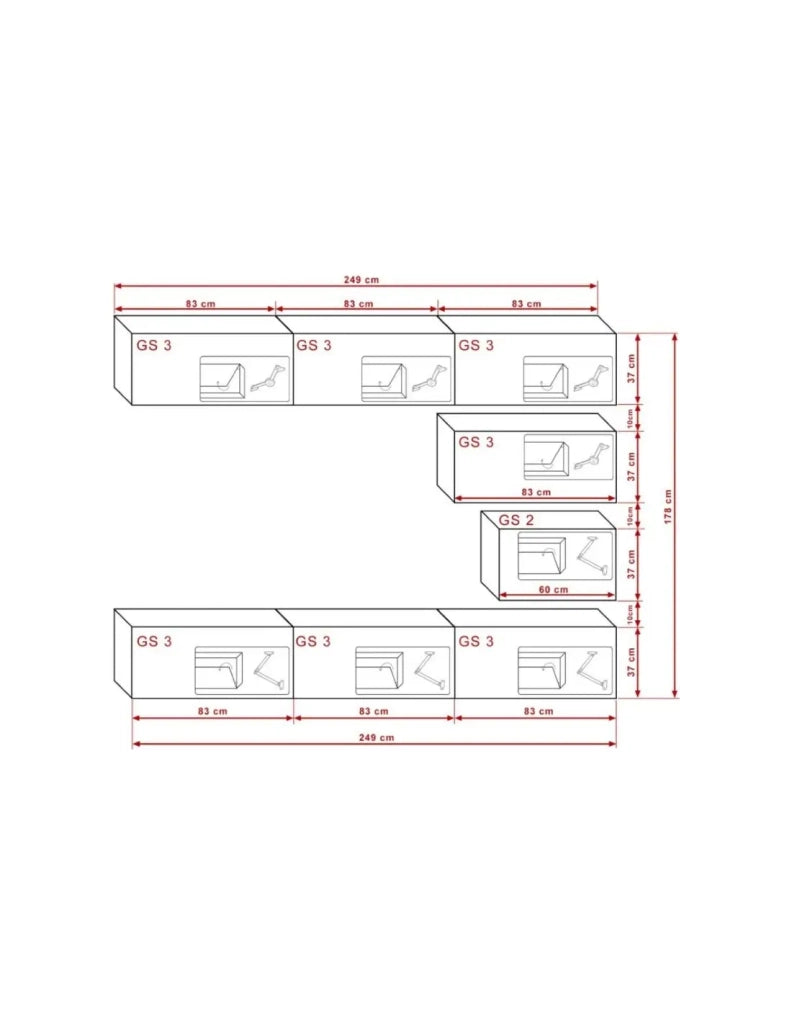 Set di mobili da soggiorno bianchi sospesi collezione CEPTO XVI 249cm, 8 pezzi, modulari.