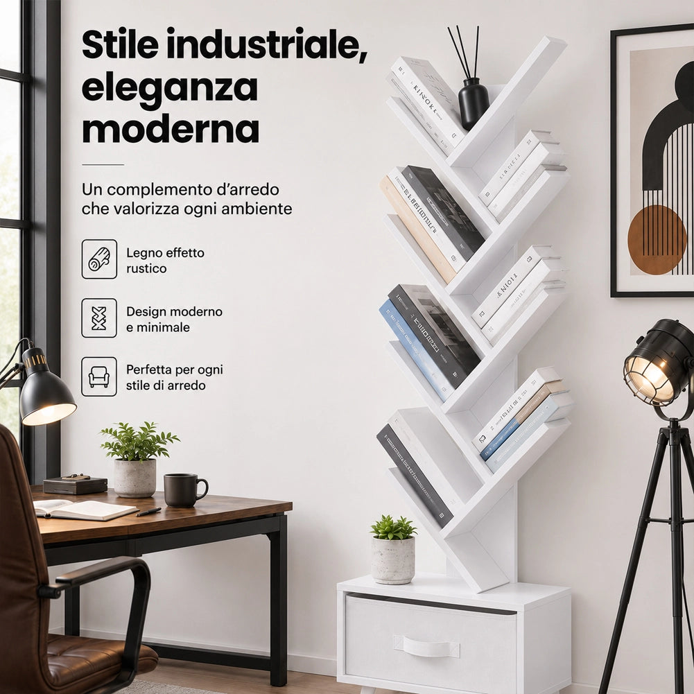 Libreria Design Moderno Bianco Scaffale 10 Ripiani con Cassetto Tessuto