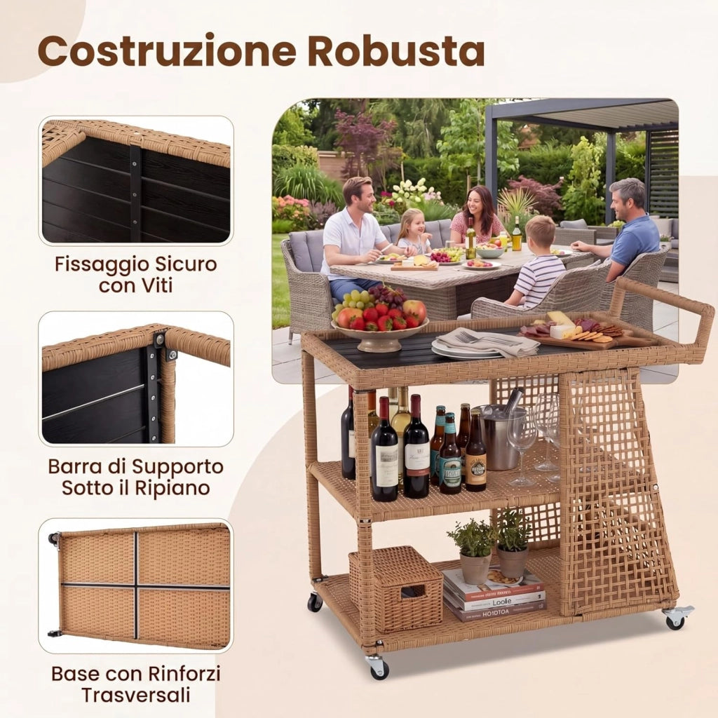 Carrello Bar in Rattan, Carrello Portavivande con 3 Ripiani Aperti e 4 Ruote, Maniglia Ergonomica, Moderno Carrellino Servizio Esterno Interno per Giardino, Terrazzo, Cucina, 98 X 54 X 92 CM