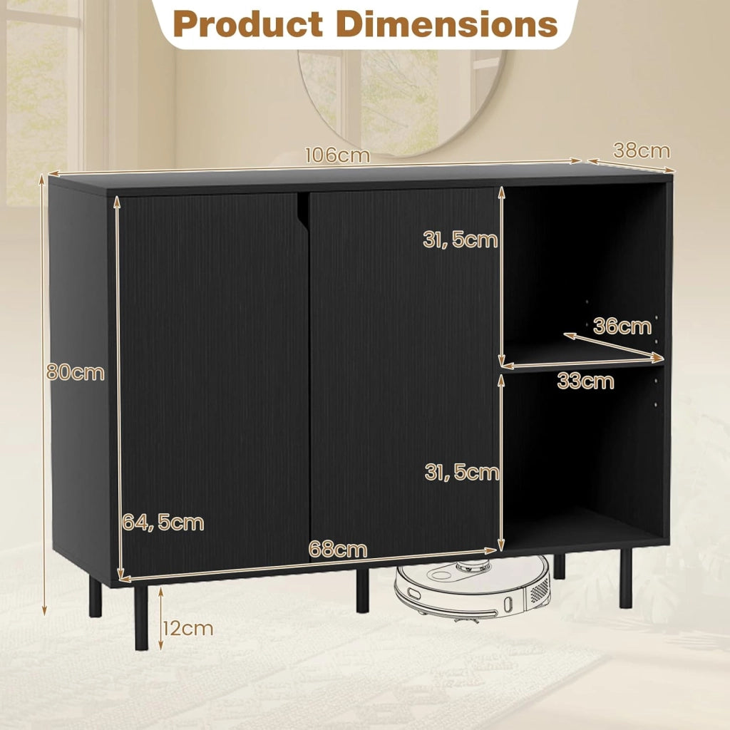 Credenza a buffet da cucina con 2 ante, armadio con ripiani regolabili e gambe metalliche, 106 x 38 x 80 cm, con kit antiribaltamento, mobile per sala da pranzo, soggiorno (nero)