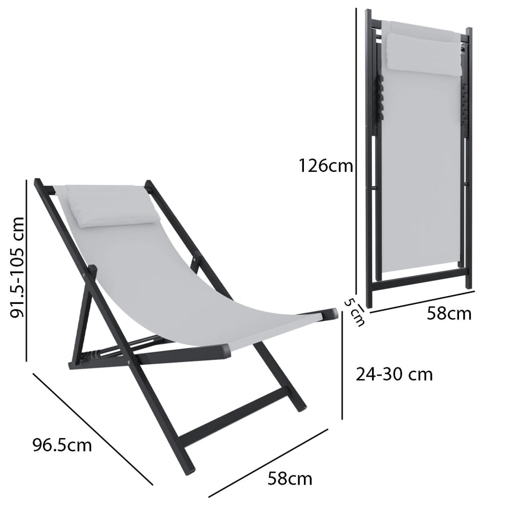 Set di 2 Sedie Sdraio Leggera Da Giardino Schienale Regolabile 5 Posizioni Pieghevole Ergonomica Con Cuscino Traspirante Struttura Nera In Alluminio Da Esterno Piscina Mare Portata 160 Kg (Grigio)
