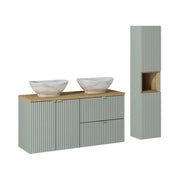 Insieme ELVINA 150cm: mobile sottolavabo con cassetti e armadietti + piano per lavabo + due lavabi da appoggio marmorizzati + colonna