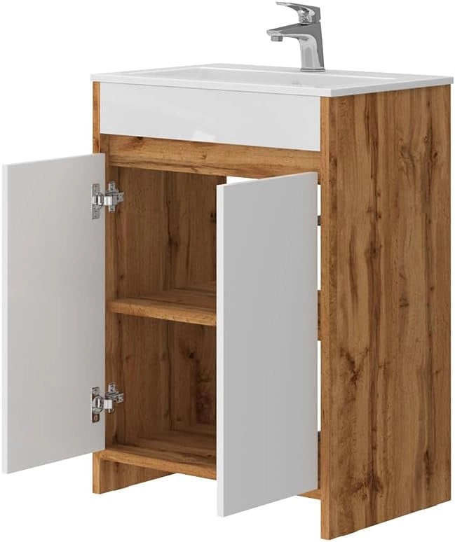 Mobiletto Lemgo, Quercia dorata, 2 parti, composto da mobile sottolavabo e lavabo
