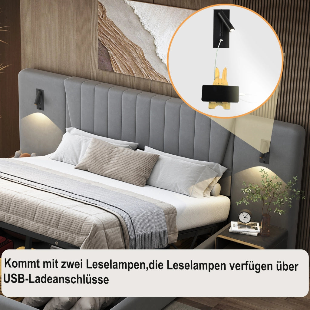 OKWISH Letto Contenitore 180×200 cm, Letto Matrimoniale con Lampade da Lettura Orientabili, USB e Testiera Alta, senza Materasso, Grigio