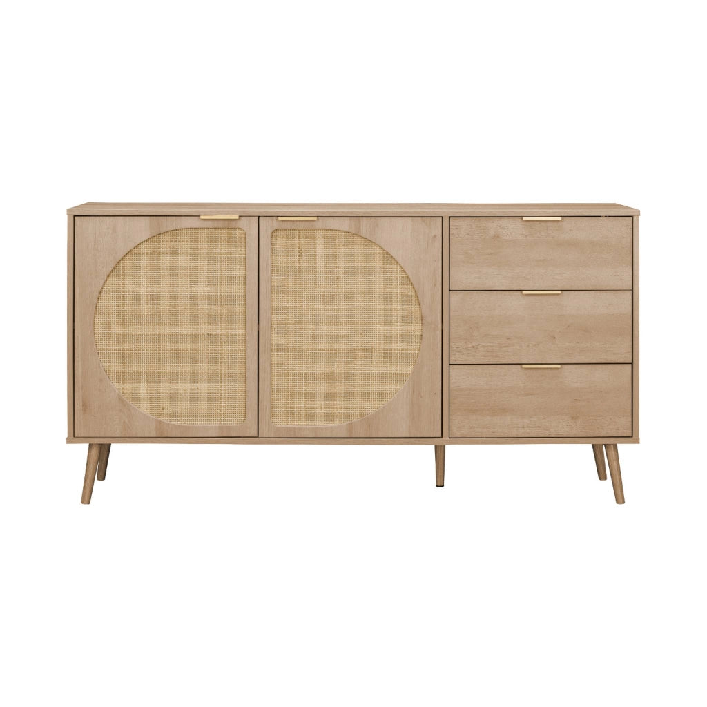 Credenza in legno e canna a 2 ante e 3 cassetti, 150cm, marrone