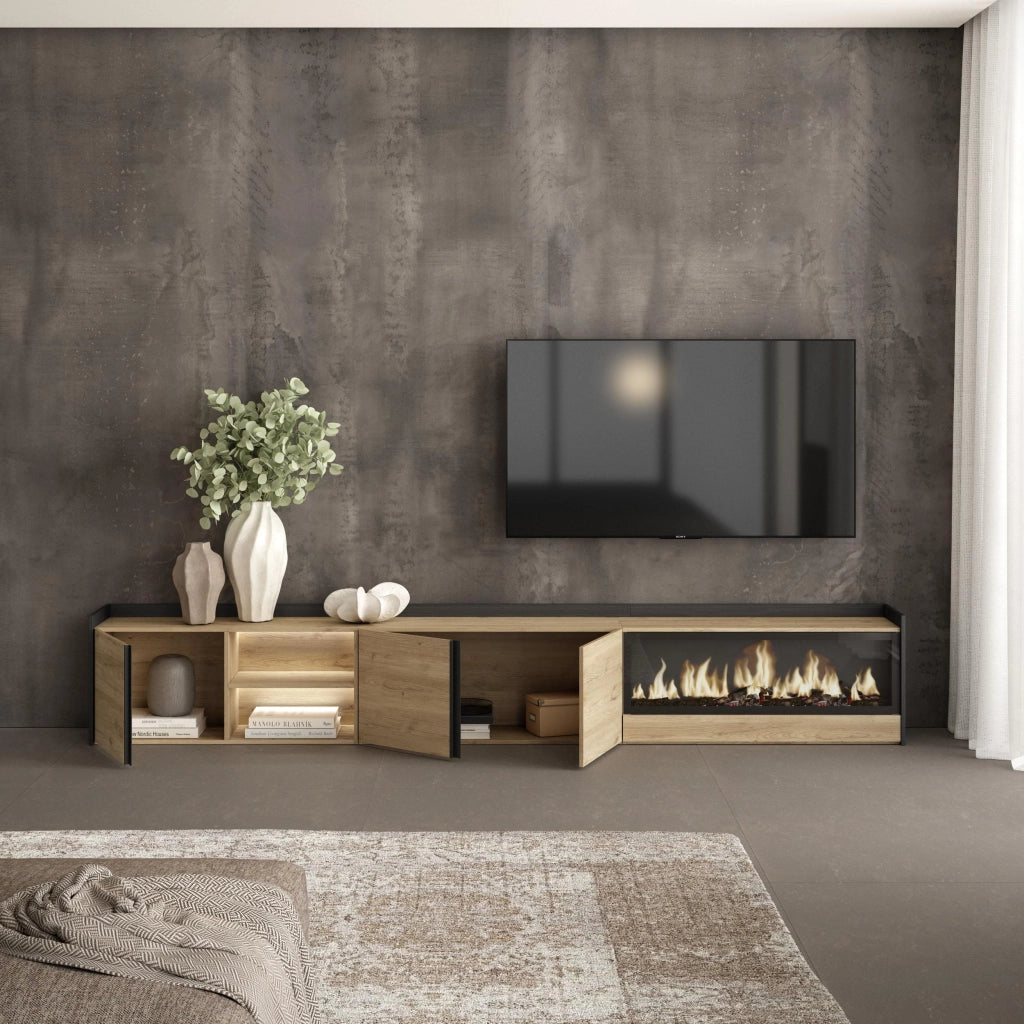 Mobile TV Soggiorno, 315x50x35 cm, Per TV fino a 80", Camino elettrico XXL, LED, Rovere e nero