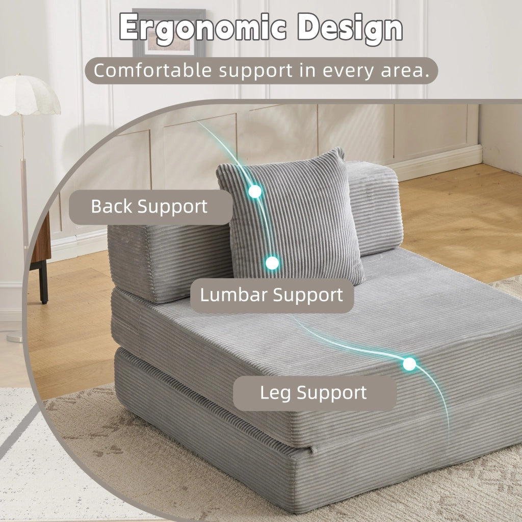 Divano letto pieghevole convertibile a pavimento con cuscino di supporto, in tessuto a coste grigio chiaro singolo