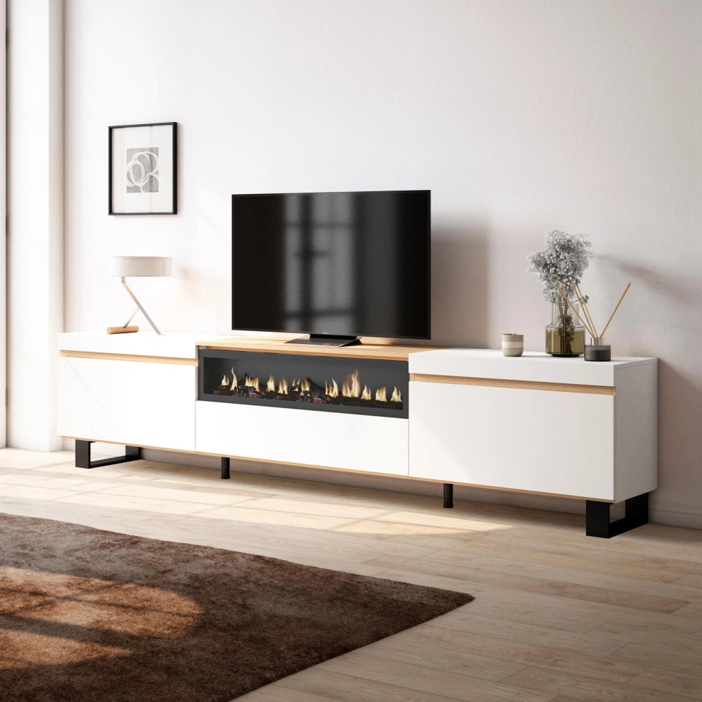 Mobile TV Soggiorno, 260x57x35 cm, TV di grande formato, Camino elettrico, Design industriale, Bianco e Rovere soft