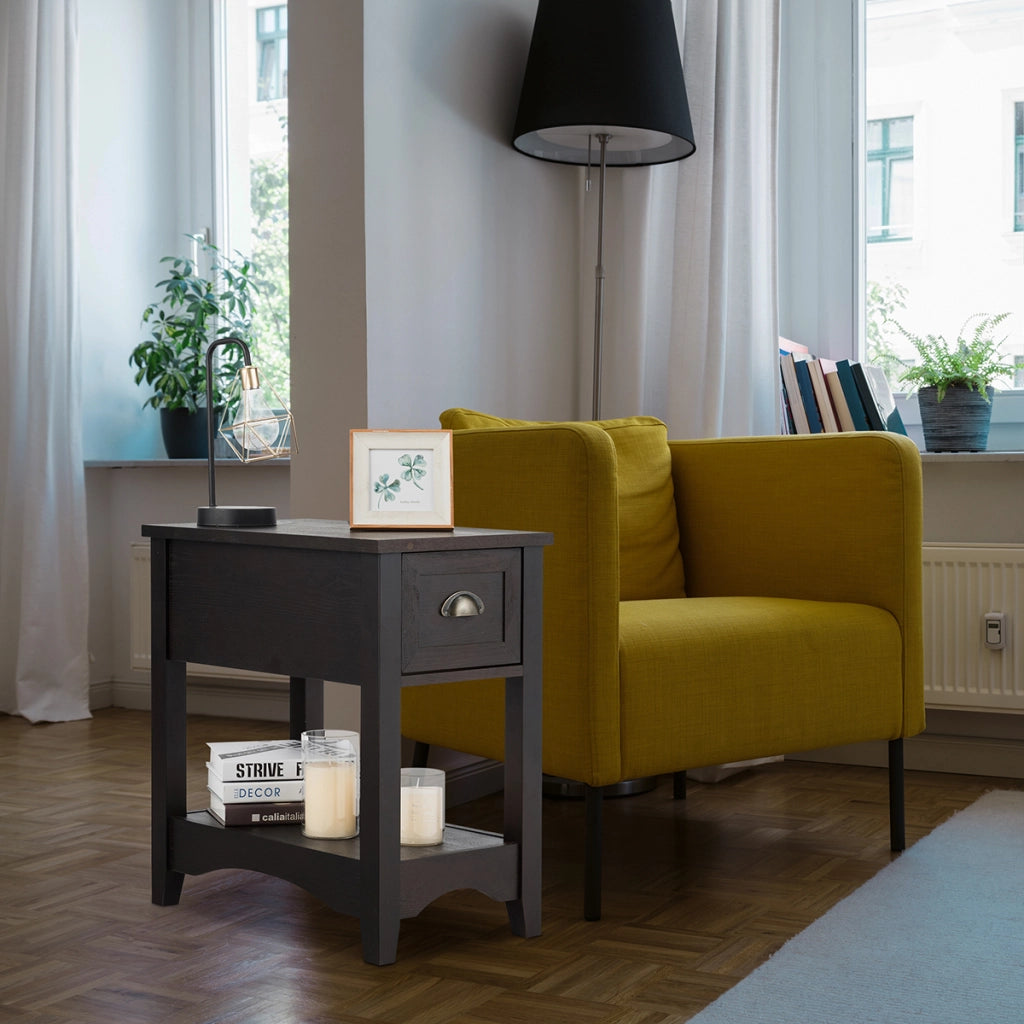 Set 2 tavolino da divano con 1 cassetto e 1 ripiano, Comodini rettangolari in legno massello da soggiorno Marrone scuro