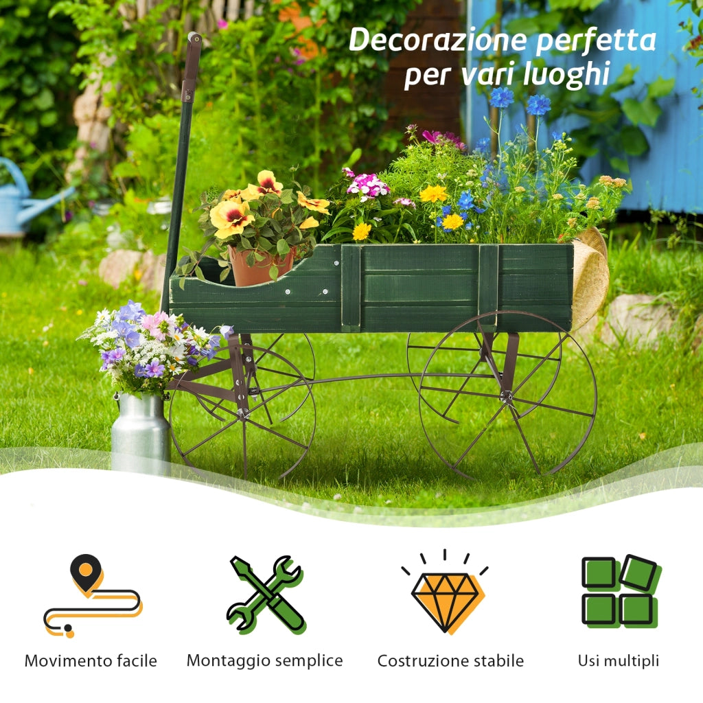 Carrettino di legno fioriera con ruote e 2 sezioni per piante, Porta piante da esterno per giardino Verde-Fioriere