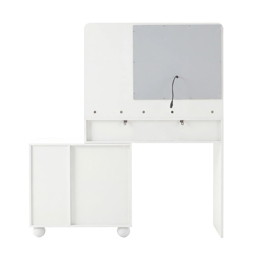 Toeletta con 5 cassetti; 1 anta e 3 ripiani; specchio LED - per camera da letto - in MDF e bambù - bianco - 80×39.8×127 cm