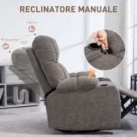 Poltrona Reclinabile 135° con Portabicchieri, in Schiuma, Acciaio e Tessuto Effetto Lino, 88x96x108 cm, Marrone