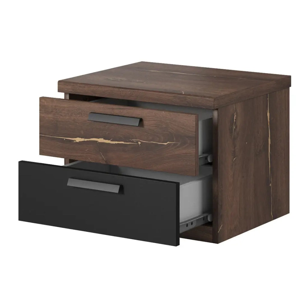 Tavolino da notte 2 cassetti – Rovere scuro e nero – Collezione FOX