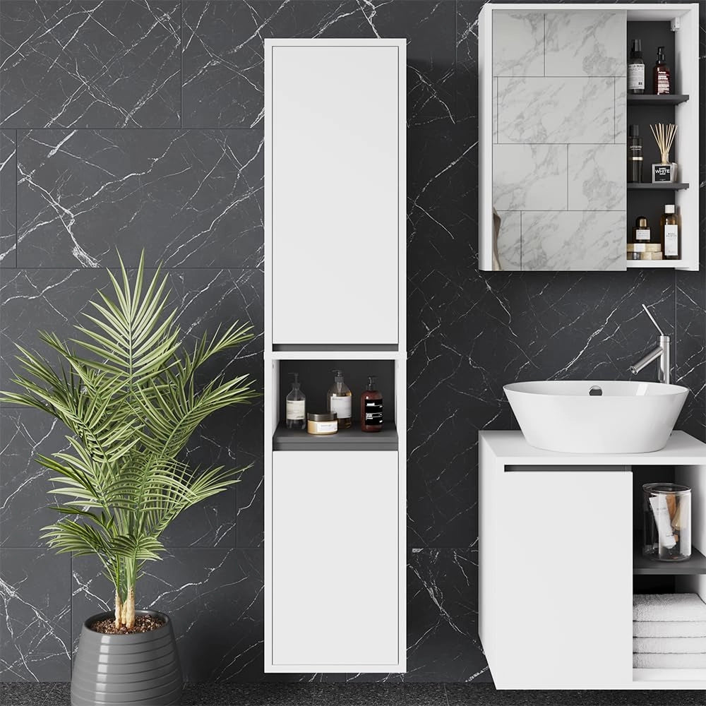 Mobile alto Viola, Bianco/Grigio, 38 x 170 cm con 2 porte, combinabile con la serie Viola per riporre oggetti in bagno