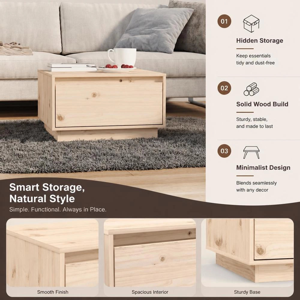 Solid Pine Wood Coffee Table With Drawer Storage, Floating Leg Design Sturdy Durable, Living Room Organizer Easy To Clean