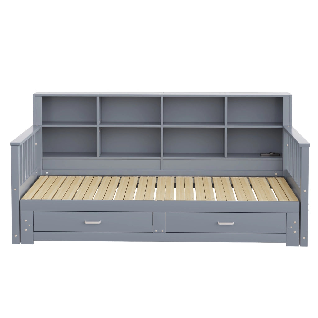 DESMIU Divano letto 90 × 190 cm 1 posto con prese, ripiani e 2 cassetti, 180 × 190 cm senza materasso, legno grigio