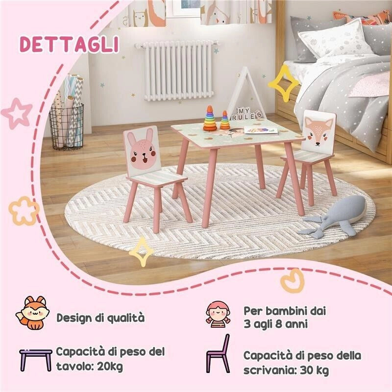 SET TAVOLO E SEDIE 3 PEZZI PER BAMBINI 3-8 ANNI IN MDF E LEGNO DI PINO CON DISEGNI DI ANIMALI, ROSA