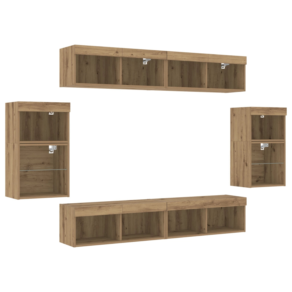 UnitÃ  TV da 8 pezzi con luci LED in legno ingegnerizzato e finitura in rovere artigianale