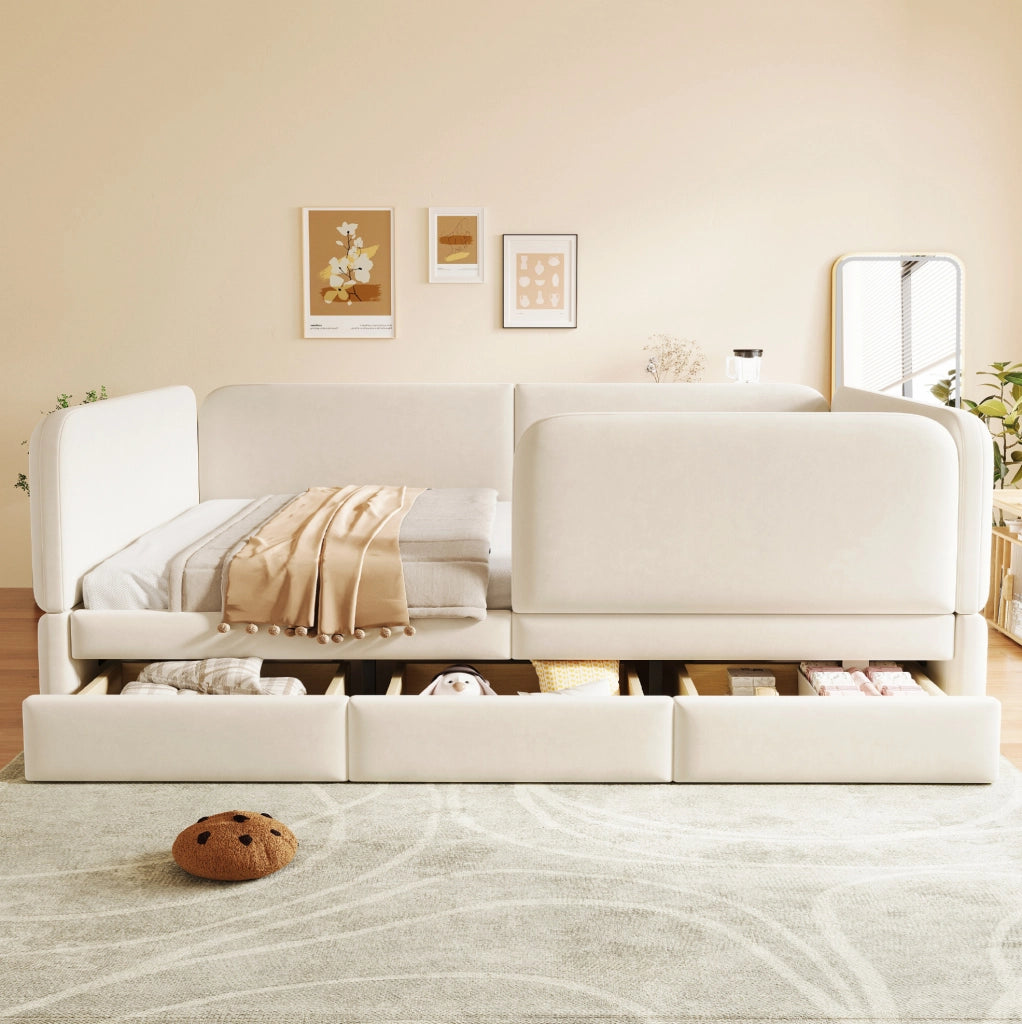 Letto per bambini 140x200 cm imbottito in velluto con 3 cassetti; beige