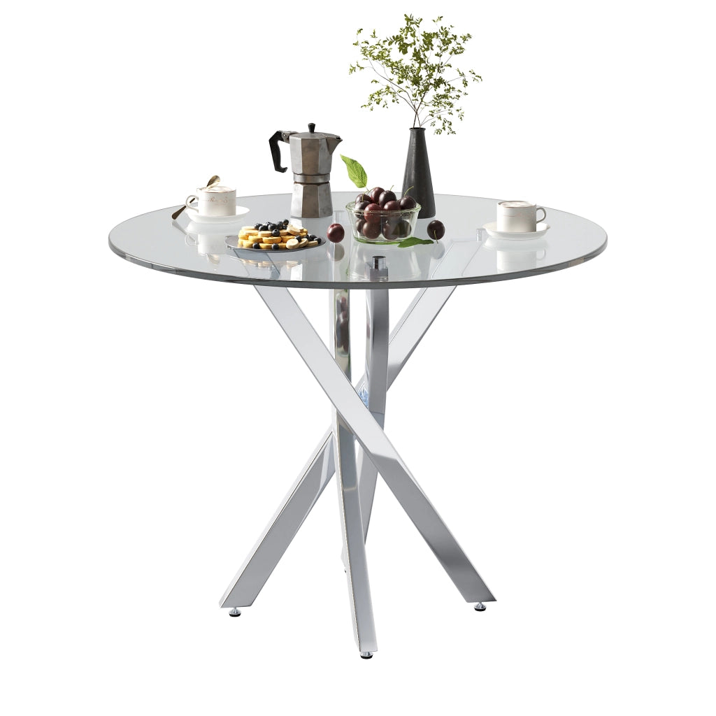 Tavolo da pranzo per 2-4 persone con piano in vetro temperato e gambe in metallo, design moderno, argento, 80 × 80 × 75 cm