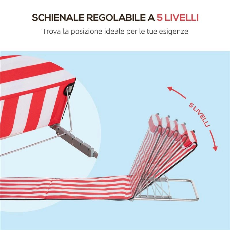 SET 2 LETTINI SPIAGGIA PIEGHEVOLI CON SCHIENALE REGOLABILE A 5 LIVELLI E BORSA ROSSO