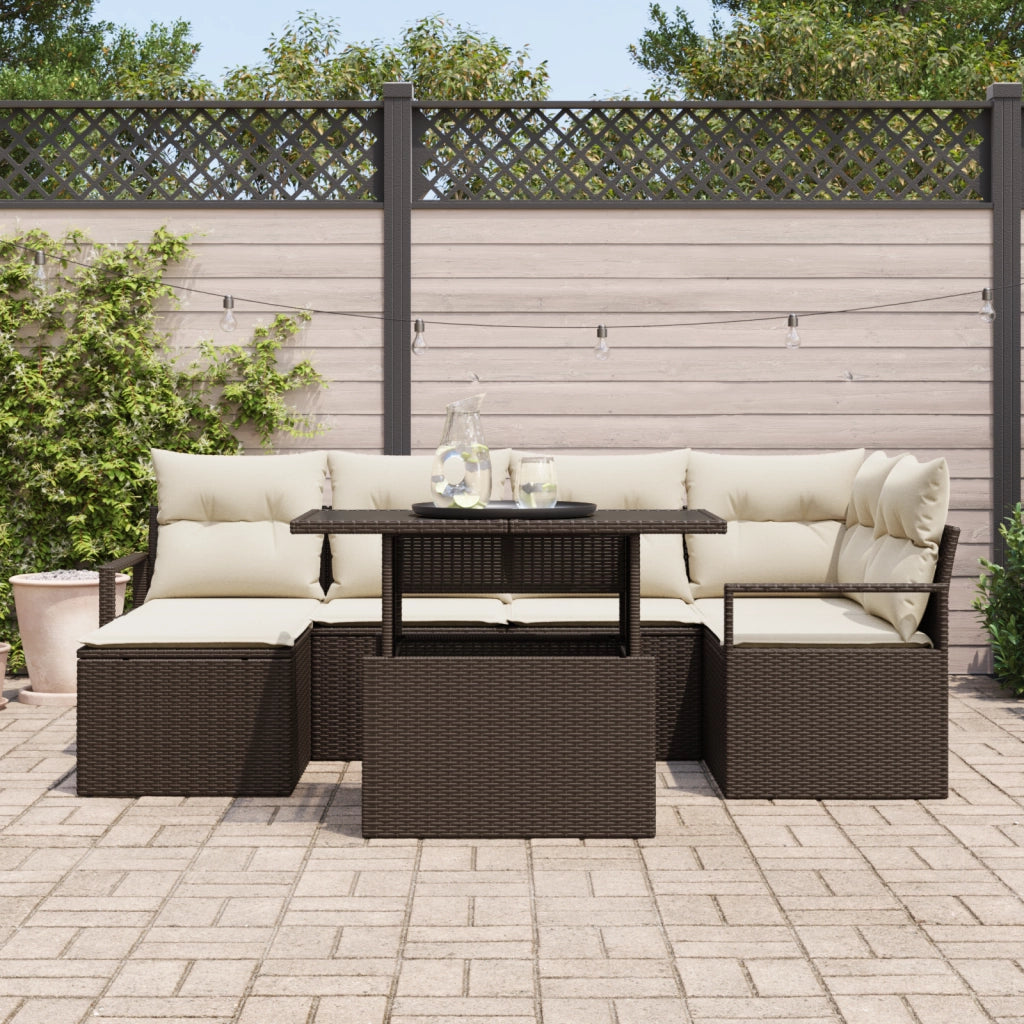 Set Divano da Giardino  7 Pezzi con Cuscini Marrone Polyrattan