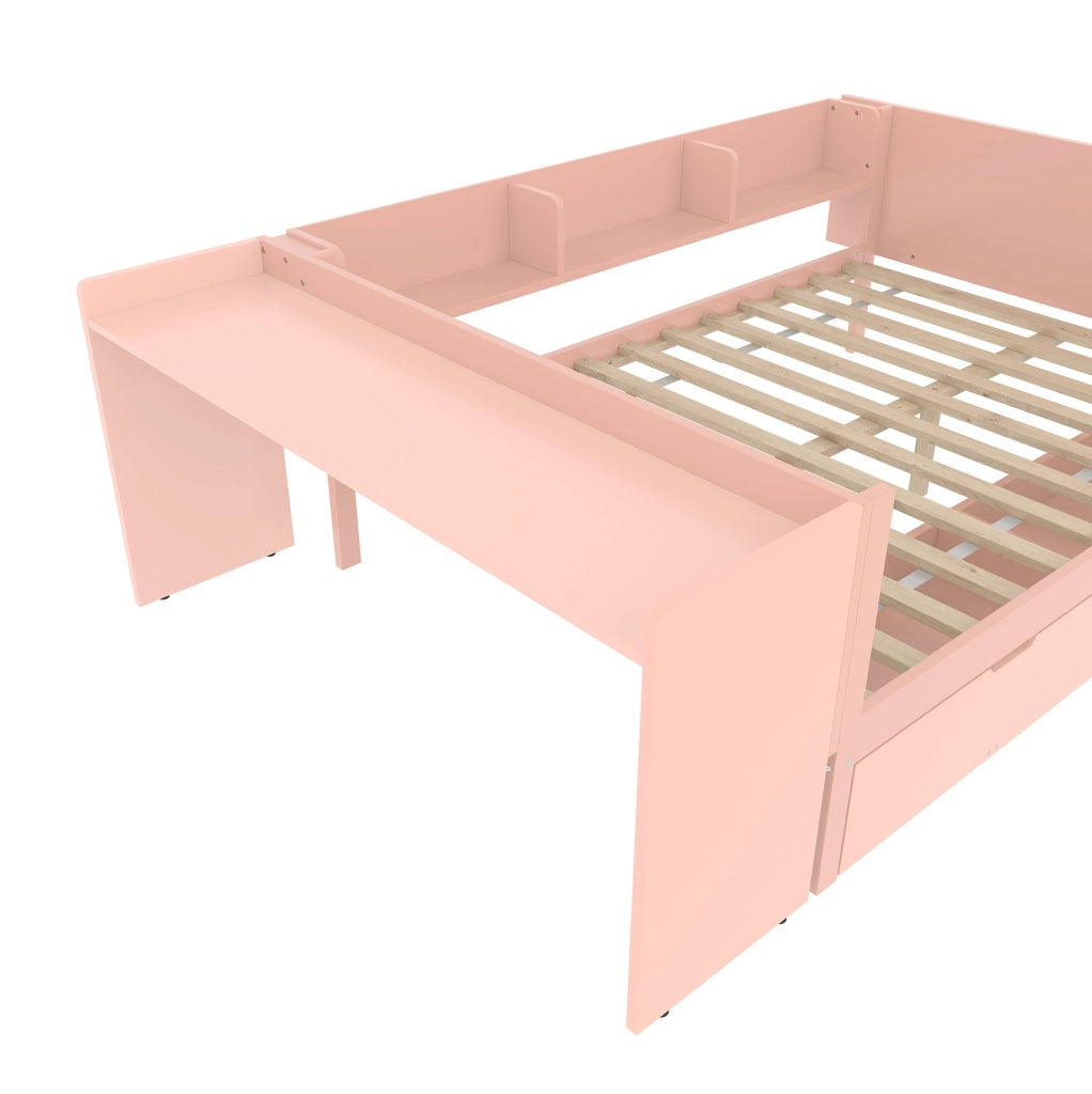 Letto 140x200 cm con scrivania; cassetti e ripiani in legno rosa