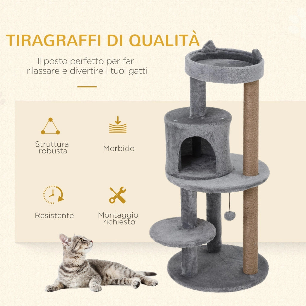Tiragraffi con Cuccia per Gatti in Legno Sisal 48x48x104 cm  Grigio