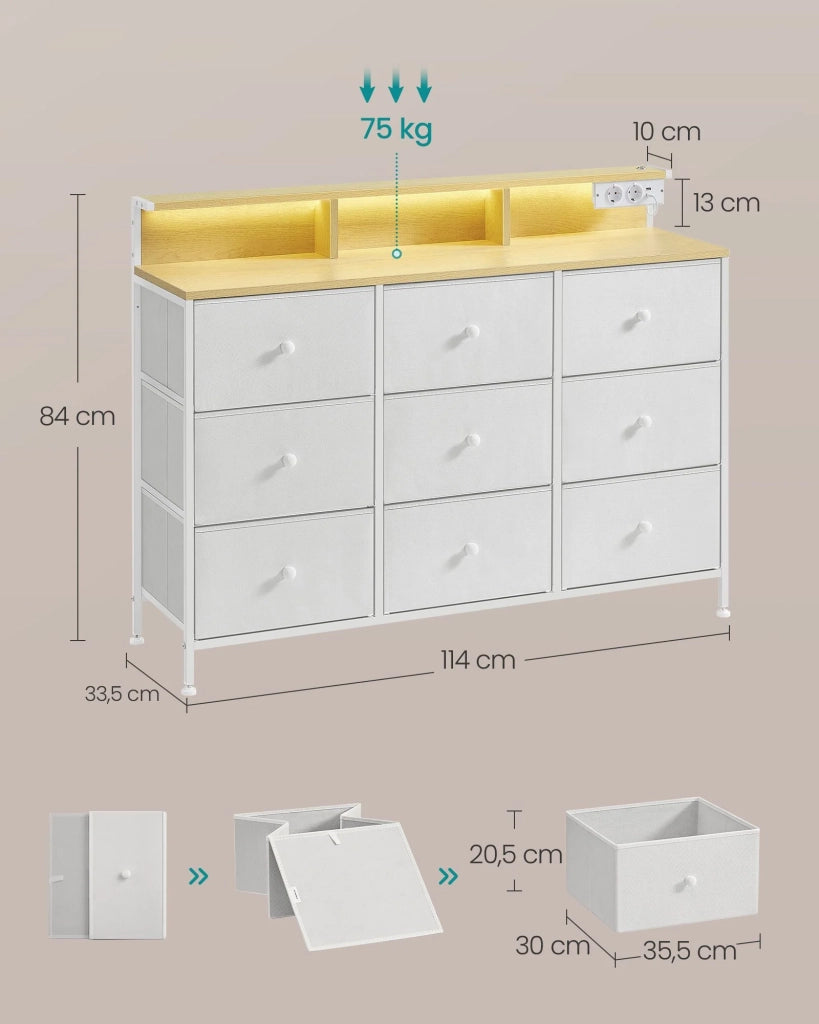 Cassettiera con 9 cassetti e illuminazione a LED multipresa struttura in acciaio 335 x 114 x 84 cm per camera da letto o soggiorno bianco nuvola 12_0005214