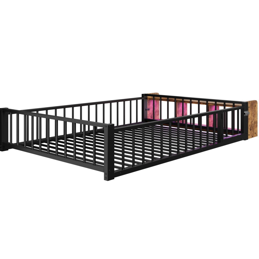 Letto in metallo 140x200 cm con contenitore aperto e luci LED
