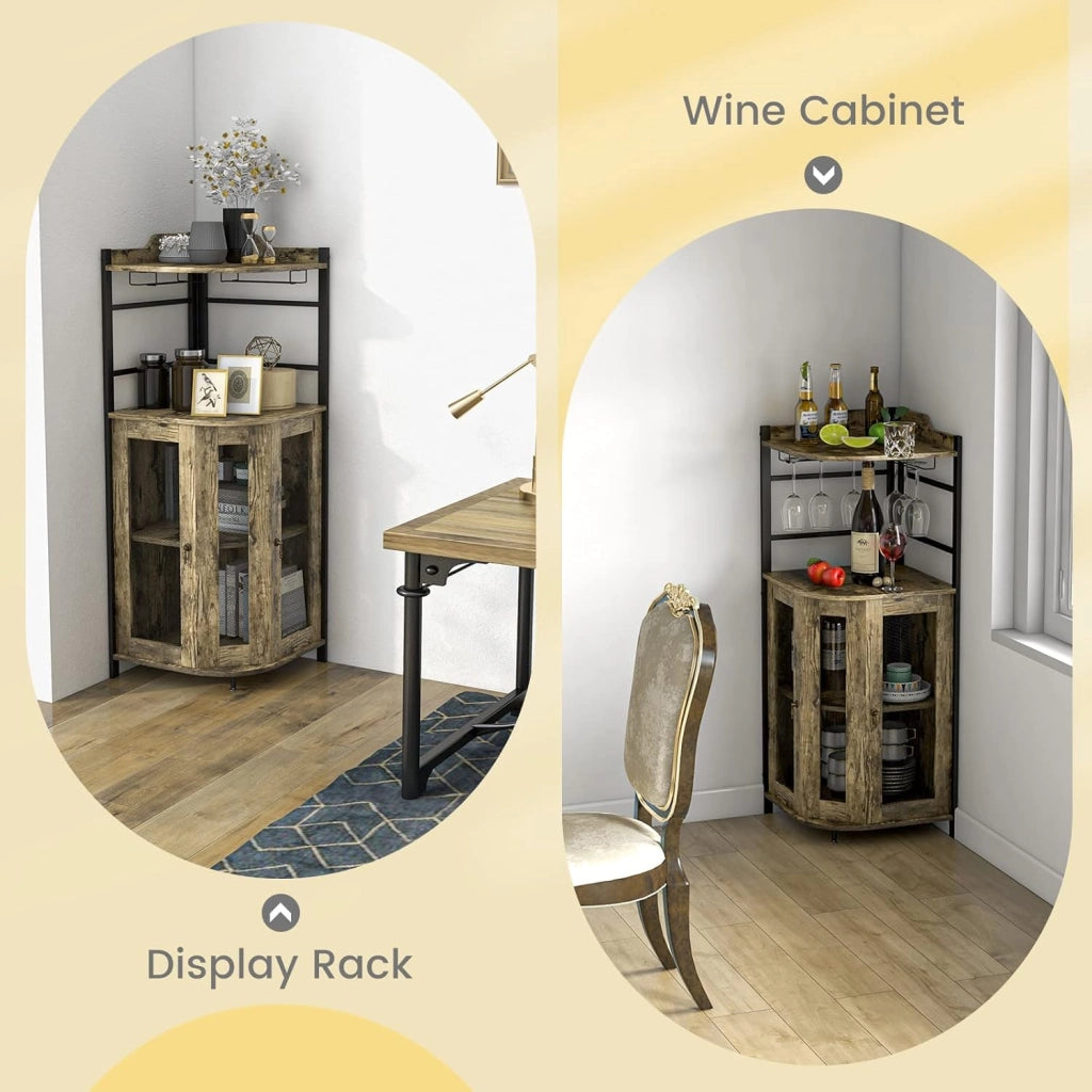 Armadietto angolare da bar con supporto in vetro, armadietto industriale per vino con ante in rete metallica e ripiano regolabile, armadietto da buffet con kit anti-ribaltamento, per casa