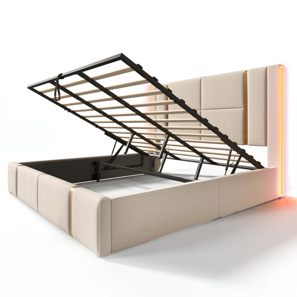 Letti contenitori 180x200 cm con LED e ricarica USB Tipo C; lino beige (Senza materasso)