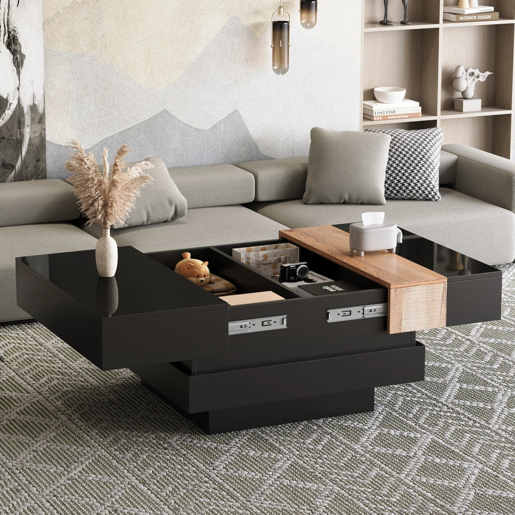 Tavolino da caffè quadrato con vano estraibile - per soggiorno - 70x70x39 cm - nero