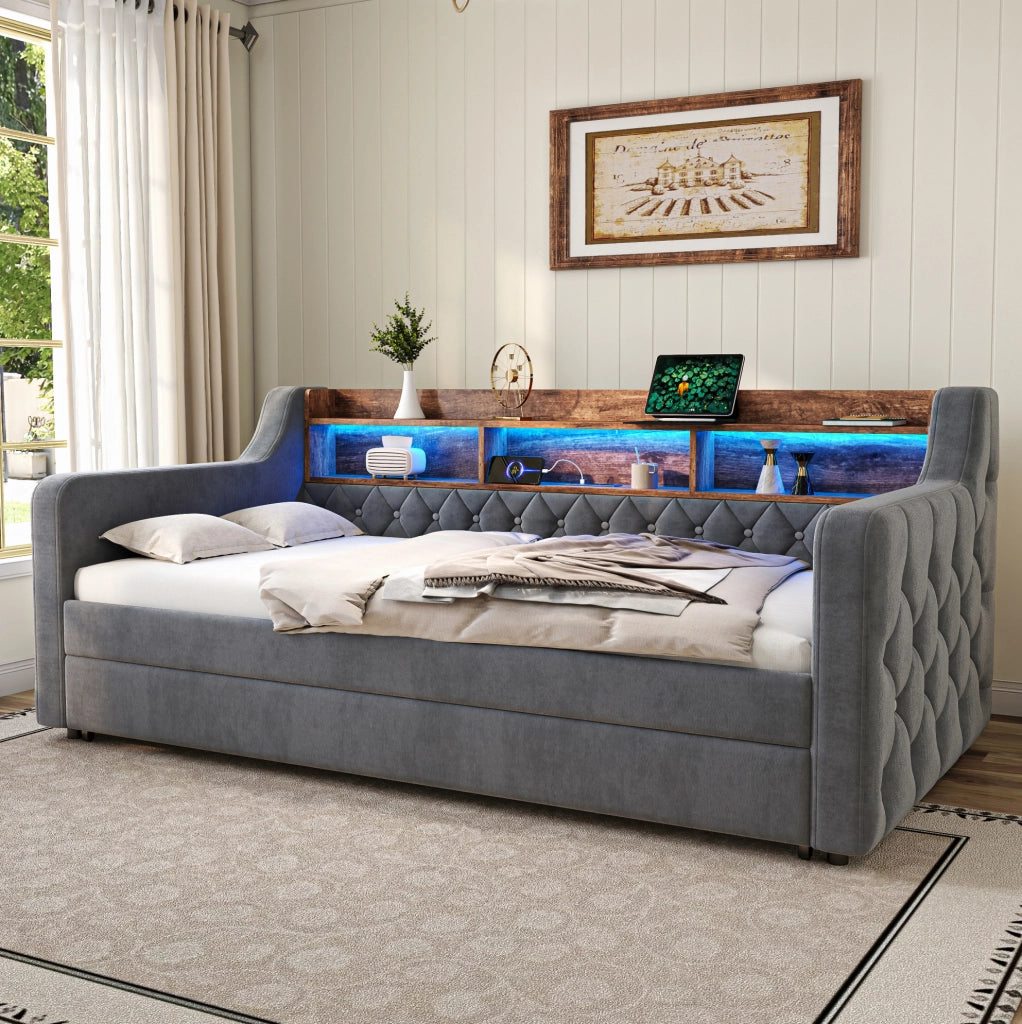 Divano letto estraibile 90x190 cm in velluto grigio scuro con luce regolabile e vano contenitore
