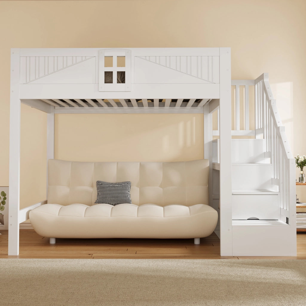 Letto a soppalco 140x200 cm in legno con scala contenitore reversibile