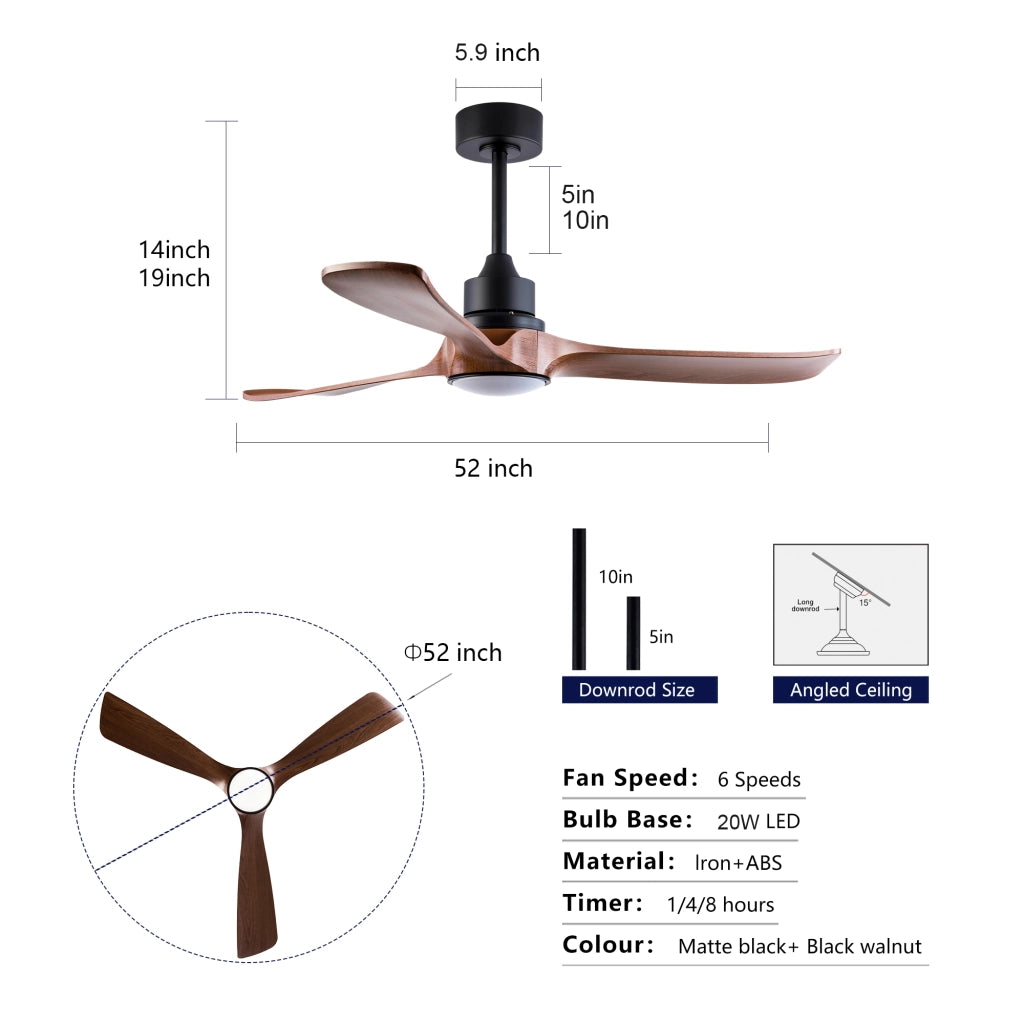 Ventilatore da soffitto 52 pollici con luce e telecomando, funzione memoria, motore reversibile 6 velocit¨¤, 3CCT dimmerabile, moderno