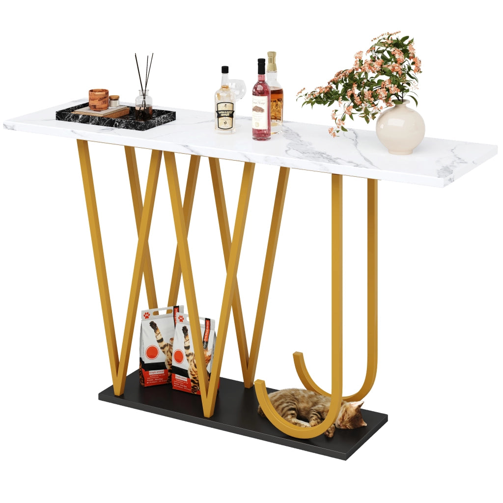 Consolle con vano aperto e piano in effetto marmo, per ingresso e soggiorno, in MDF e metallo bianco, 120 × 29,5 × 80 cm